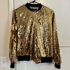 GOLD SEQUIN ZIP-UP JACKET. Size S.